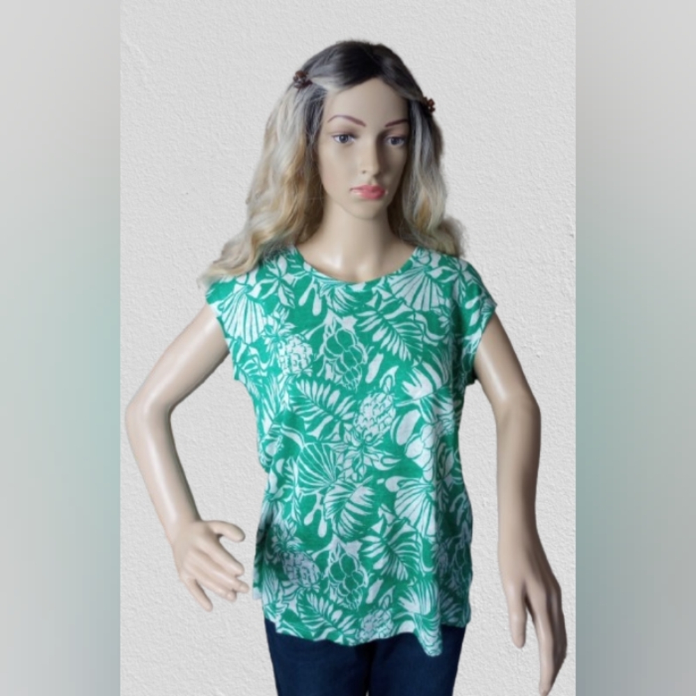 NWT Nicole Miller women's green & white linen top, size small